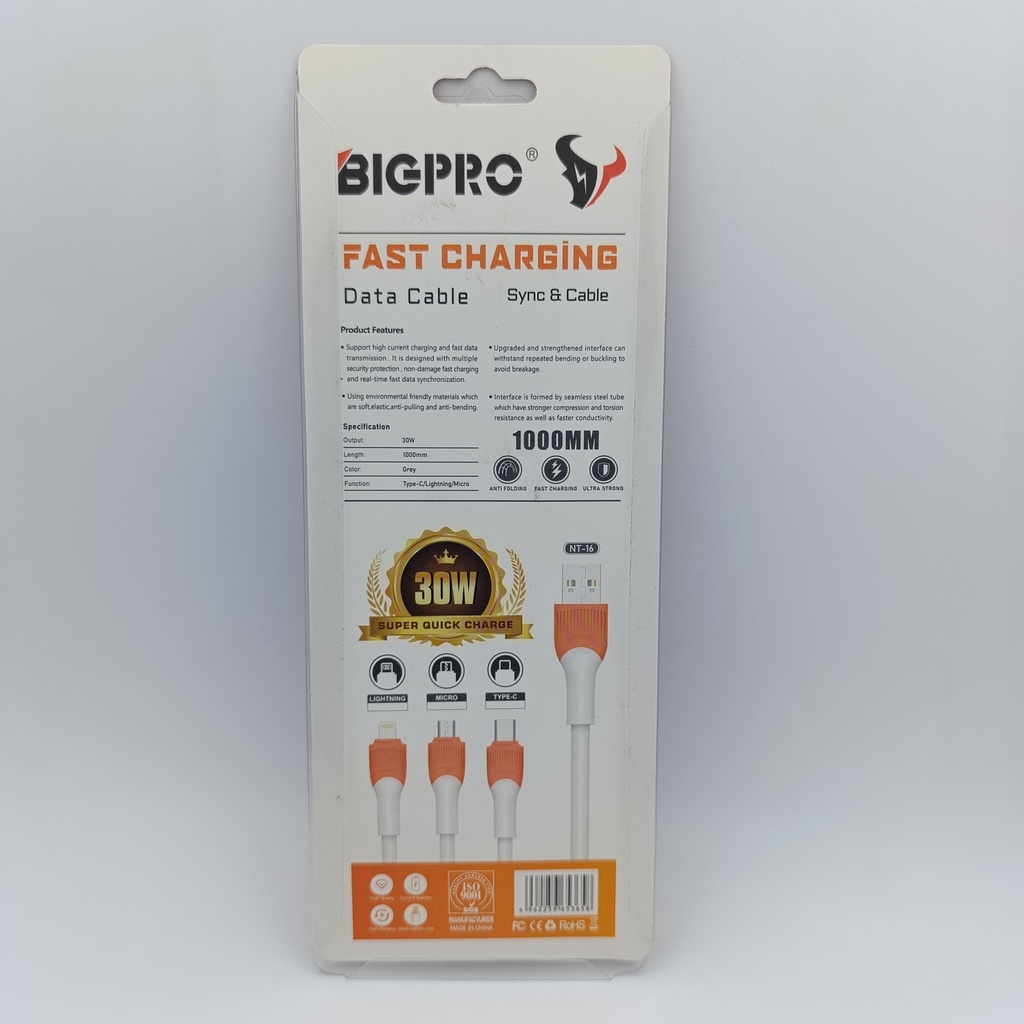 کێبل ئایفۆن BIGPRO NT-16 30W Lightning Cable (1m) - MUH